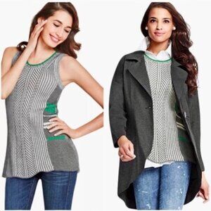 Cabi Trident Gray & Green Pullover Sweater Sleeveless Top S #885